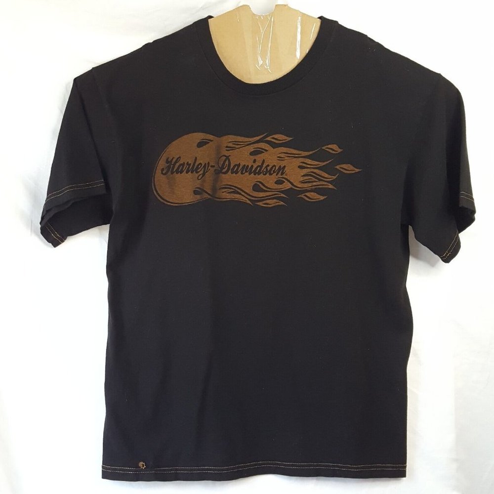 Men's Size XL Harley Davidson T Shirt Black & Orange w/ Flames 100% Cotton